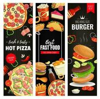 pizza, hamburguesa meriendas para llevar comida vector pancartas