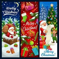 Santa and elf on roof with Christmas gift banners vector