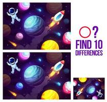 Find ten differences, cartoon astronaut in space vector