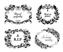 Funeral cards, vector condolence floral wreaths