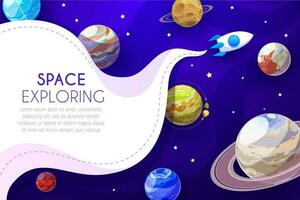 Space exploring cartoon vector poster with rocket