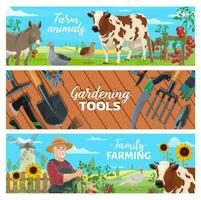 Farming animals, gardening tools vector banner