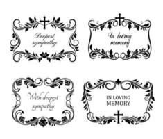 Funeral cards, vector condolence floral wreaths