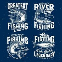 Fishing sport t-shirt prints of salmon, pike, tuna vector