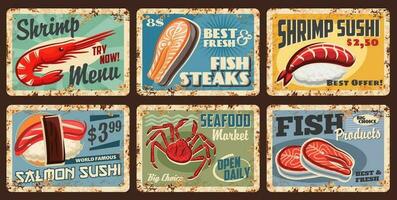 Sushi, fish and seafood market metal grunge signs vector