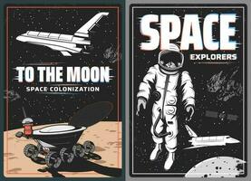 Space astronaut, spaceship and Moon planet posters vector