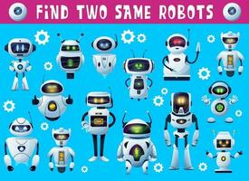 Find two same robots droids, kids game or puzzle vector