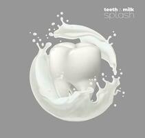 Tooth in white milk or yogurt splash, round swirl vector