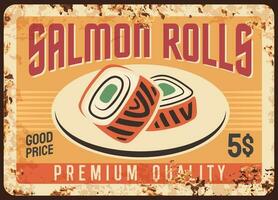 Salmon sushi roll rusty metal plate, Japanese food vector
