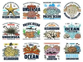 Coral, seafood, sea fish and animal isolated icons vector