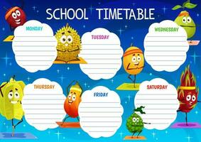 Kids education timetable schedule, cartoon fruits vector