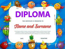 educación colegio diploma con frutas súper héroes vector