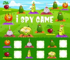 I spy game, cartoon vegetables on yoga fitness vector