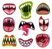 Halloween monster mouths, teeth and tongues set vector