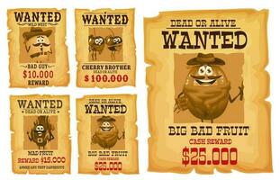 Western wanted placards, wild west fruits bandits vector