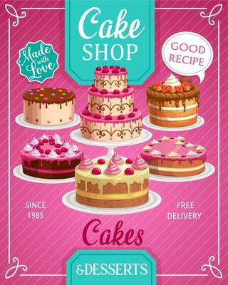Cakes shop vector bakery, sweet confectionery