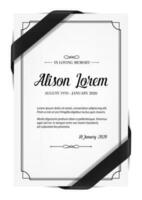 Funerary card template with obituary and ribbon vector