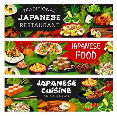 Japanese restaurant food with Asian dishes banners