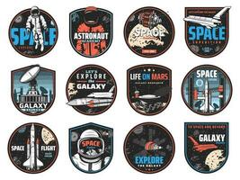 Space badges, astronauts, spaceships and planets vector