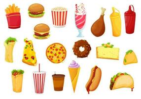 Fast food icons, burger, pizza, meals and drinks vector