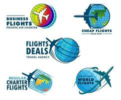 Airplane flights vector icons flight tours emblems