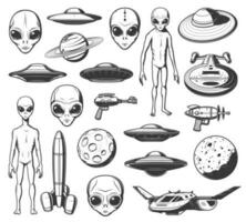 extraterrestres, OVNI y espacio lanzaderas vector retro íconos