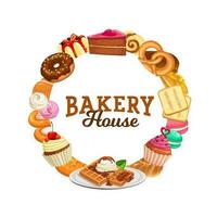 Sweets and desserts vector round frame, banner