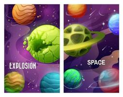 Space explosion, cartoon planets and meteorites vector