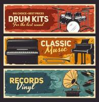 Musical instruments and vinyl records shop banner vector