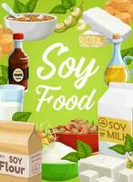 Soy food and soybean products cartoon poster. vector