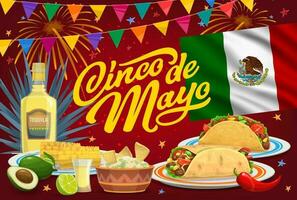 Cinco de Mayo holiday of Mexican food, drink, flag vector