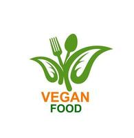 Vegan food vector icon, fork, spoon, green leaves