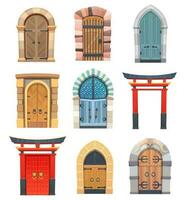 Cartoon gates and doors, wooden and stone entries vector