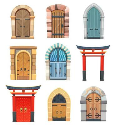 Cartoon gates and doors, wooden and stone entries