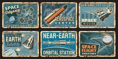 Spaceship and satellite rusty vector plates, space