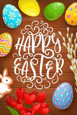 Easter eggs, bunny and flowers greeting card