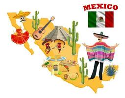 Mexican map with mariachi, red chilli, sombrero vector