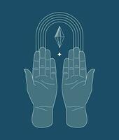 Hands holding crystal gem outline illustration. Magic esoteric concept. Modern vector illustration. Transparent line art. Minimalistic sticker design for web and print.