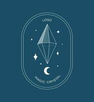 Crystal gem and moon outline logo illustration. Magic crystal concept. Modern vector illustration. Transparent line art gem with stars. Minimalistic sticker design for web.