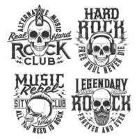 rock música camiseta huellas dactilares, rock club cráneo emblemas vector
