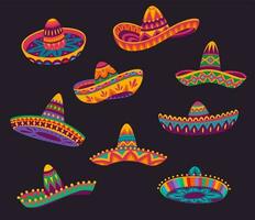 Cartoon Mexican sombrero hats with ethnic pattern vector