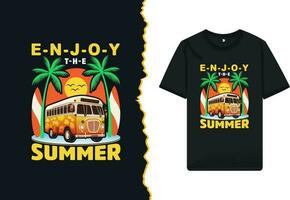 disfrutar el verano hora - playa viaje camiseta diseño vector modelo. gráfico ilustración con un autobús, palma árbol, tabla de surf, y amanecer tema. eso lata ser usado para niño camisas y otro impresión elementos.