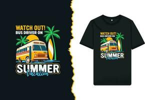 Summer vacation beach travel t-shirt design vector template. Graphic illustration with a bus, Palm tree, surfboard, and sunrise theme. it can be used for kids, shirts, mugs, and other print items.