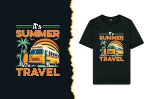 It's summer let's travel t-shirt design vector template. Graphic illustration with a bus, Palm tree, surfboard, and sunrise theme. it can be used for kid's shirts and other print items.