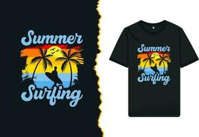 Summer Surfing retro color-style t-shirt design template. Illustration with a Palm tree, Surfboard, and bird silhouette. vector