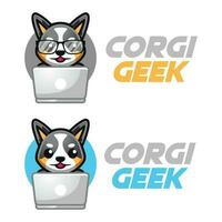 Modern vector flat design simple minimalist logo template of corgi dog geek nerd smart mascot character vector collection for brand, emblem, label, badge. Isolated on white background.