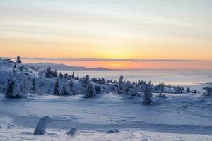 Predawn morning on a winter slope. Beautiful Arctic sunset. Scen photo