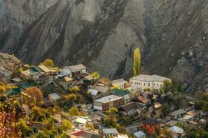 High mountain city on the rock. Authentic Dagestani mountain village of Gunib. Russia. photo
