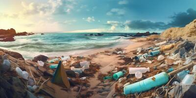 el playa es sucio y lleno de basura con ai generado foto