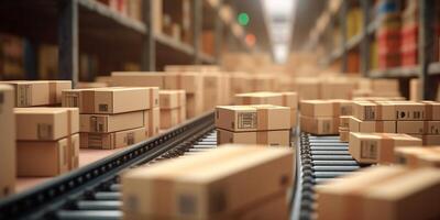 The carton boxes on the conveyor belt with . photo